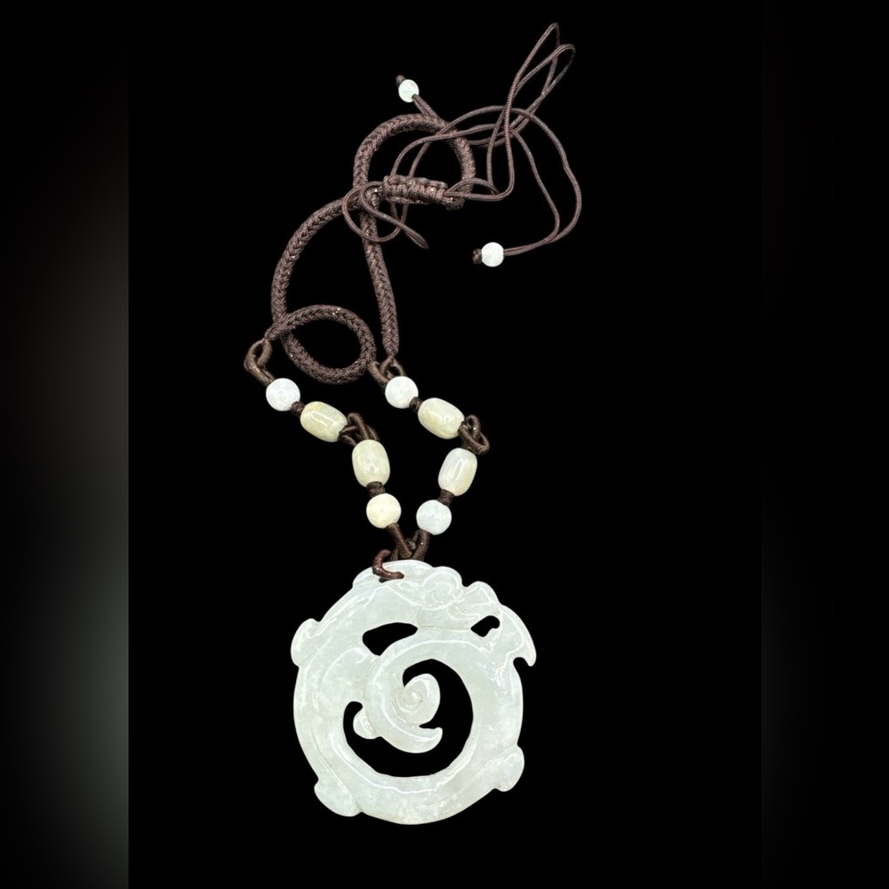 Vintage White Jade Carved Dragon Pendant Necklace Authentic Macrame Dragon